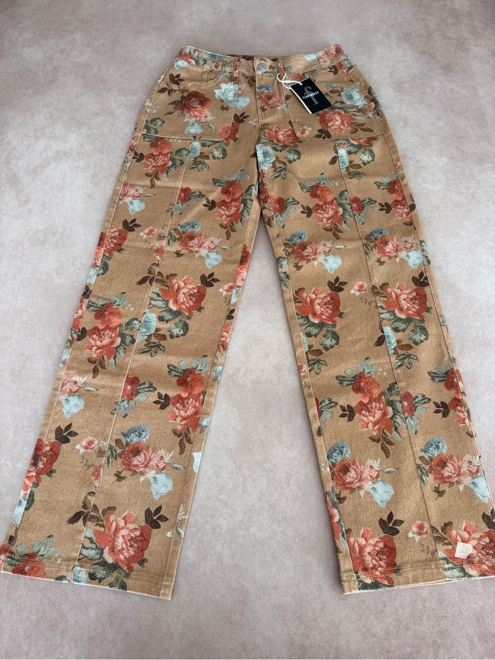 Flamingals Floral Wide Leg Jeans • size medium • Tan Floral • NWT